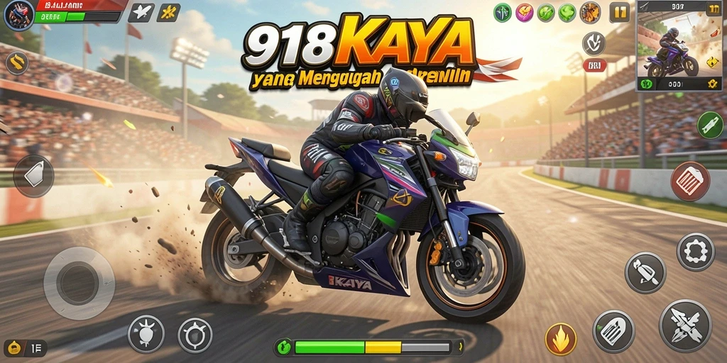 Screenshot gameplay 918KAYA menampilkan motor balap dalam aksi.