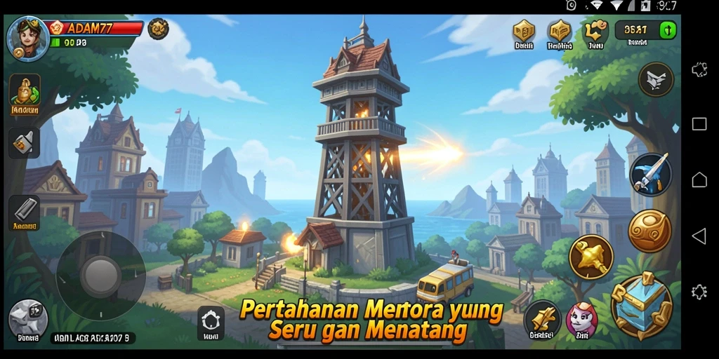 Gameplay ADAM77 menampilkan pertempuran menara yang seru dan strategis.