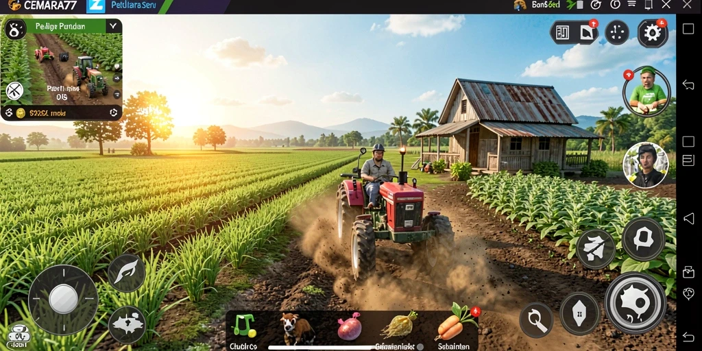 Screenshot gameplay menunjukkan ladang hijau subur di CEMARA77.