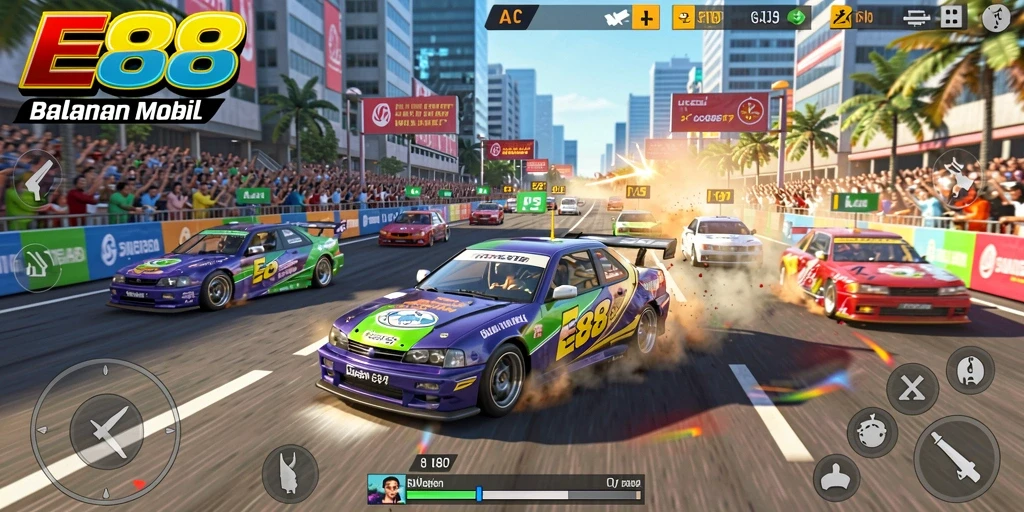 Gameplay balapan mobil E88 yang menegangkan dan penuh aksi.