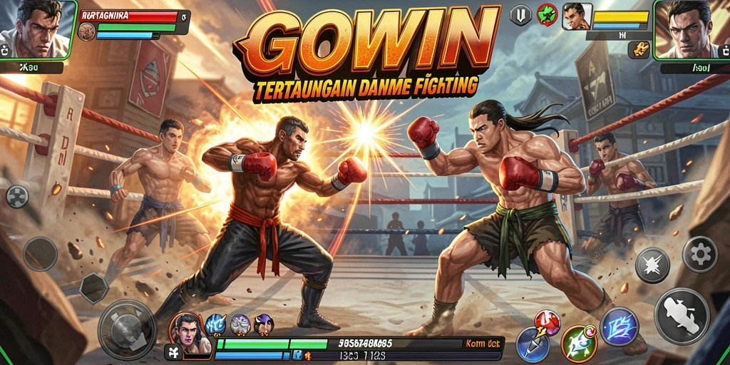 Screenshot utama GOWIN menampilkan pertarungan seru antara karakter.