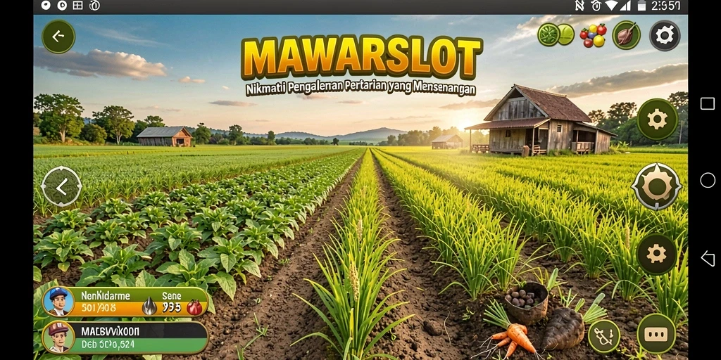 Screenshot gameplay MAWARSLOT menampilkan lahan pertanian yang indah dan aktivitas menanam.