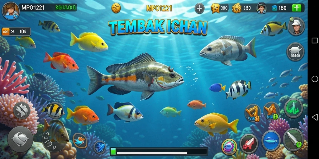 Tampilan gameplay seru dari MPO1221 saat menembak ikan.