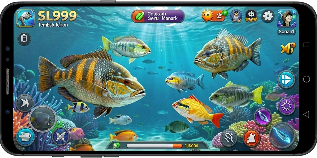 Tampilan gameplay SL999 menampilkan aksi seru menangkap ikan.
